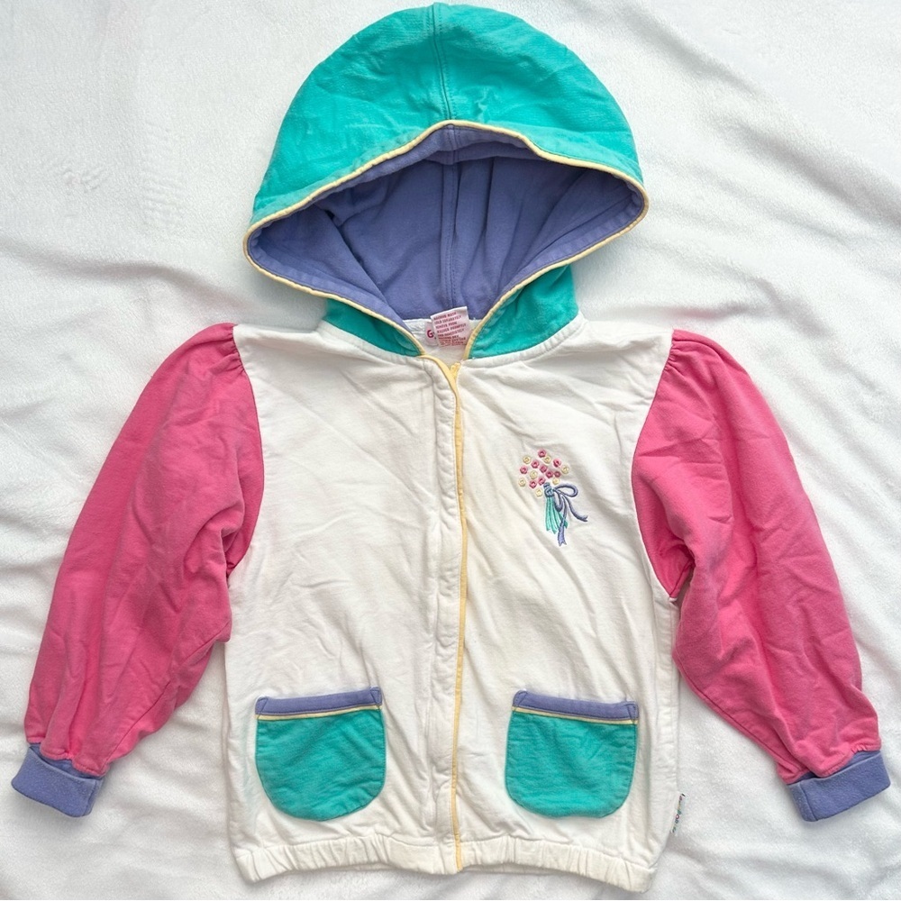 Vintage Gymboree Rainbow Tag Color Block Hoodie Jacket w/Flowers Girls 4T L RARE